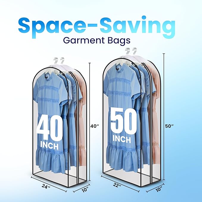 Clear Garment Bags for Clothes Storage - 4-Pack Plastic Hanging Covers and Clothing Protectors, Long Dress Suit Jacket Closet Cover Dust Proof Garment Bag Set for Organized Wardrobe Storage (50")