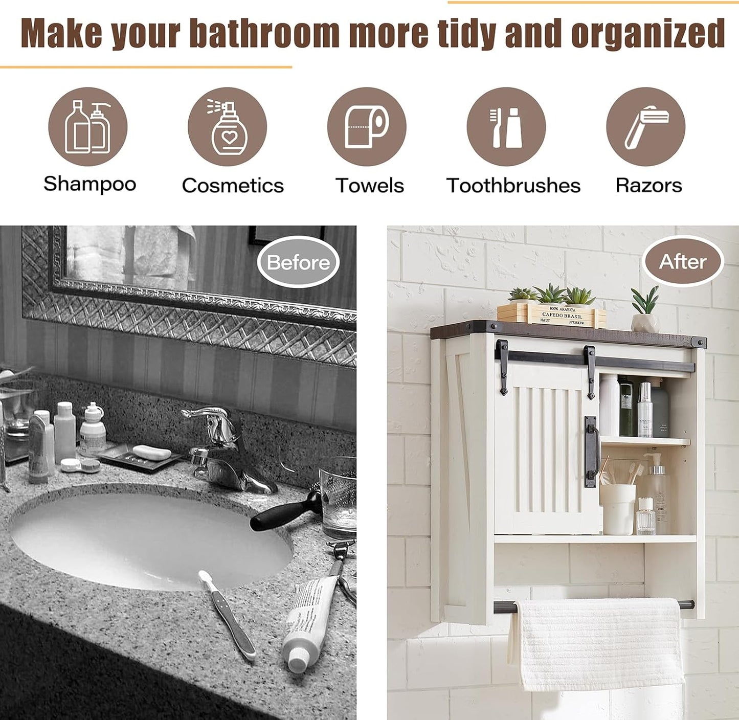 Bathroom Wall Cabinet, Farmhouse Medicine Cabinet with Sliding Barn Door & Adjustable Shelves, Wall Mounted Storage Cabinet for Toilet, Kitchen, Living Room (Antique White)