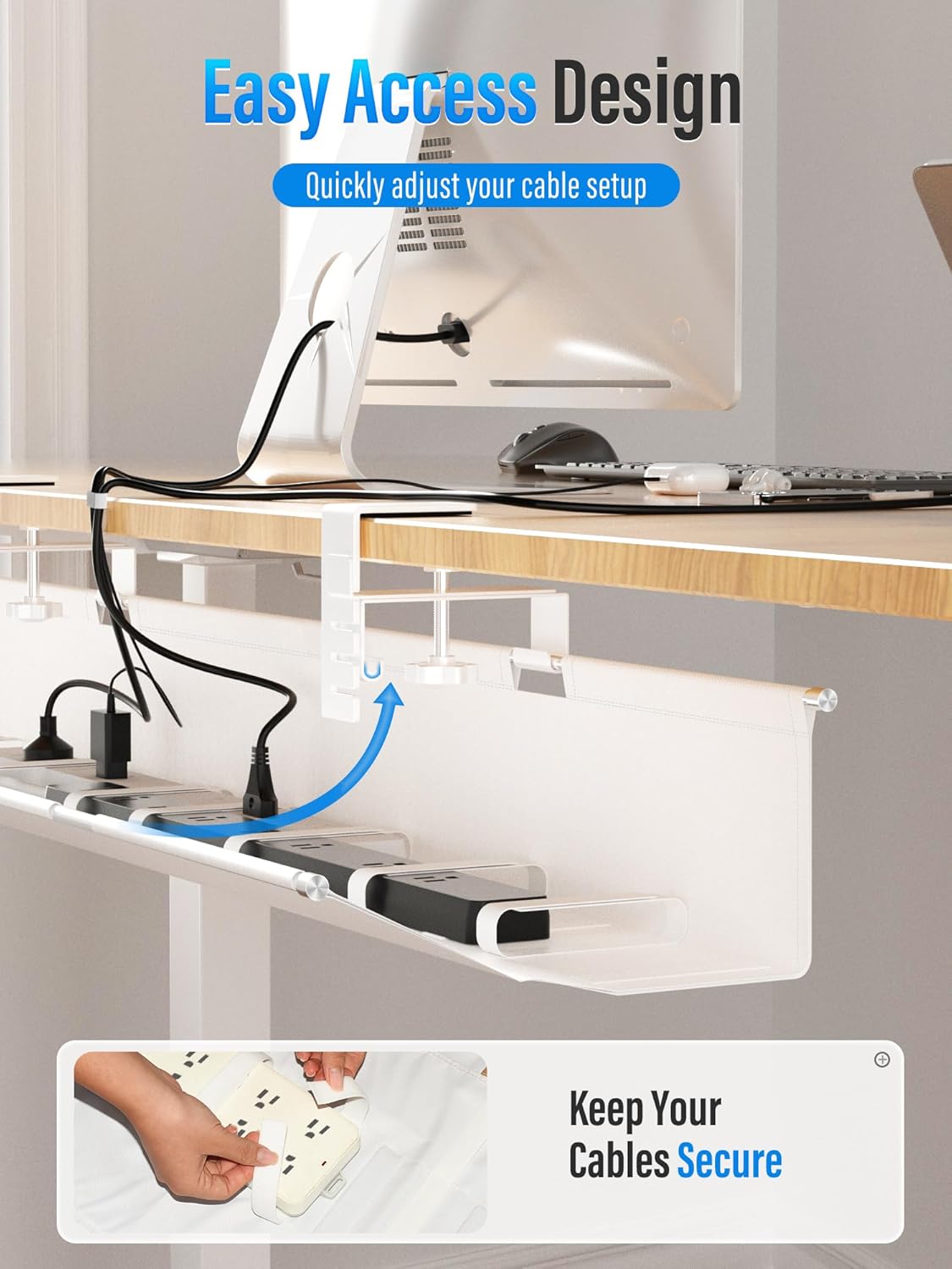 [Upgraded] Large Under Desk Cable Management Tray, Cinati Cable Management Under Desk No Drill, 28.4" Fabric Cord Hider for Wire Organizer, Cord Organizer for Office, Home - Supports Up to 30lbs White