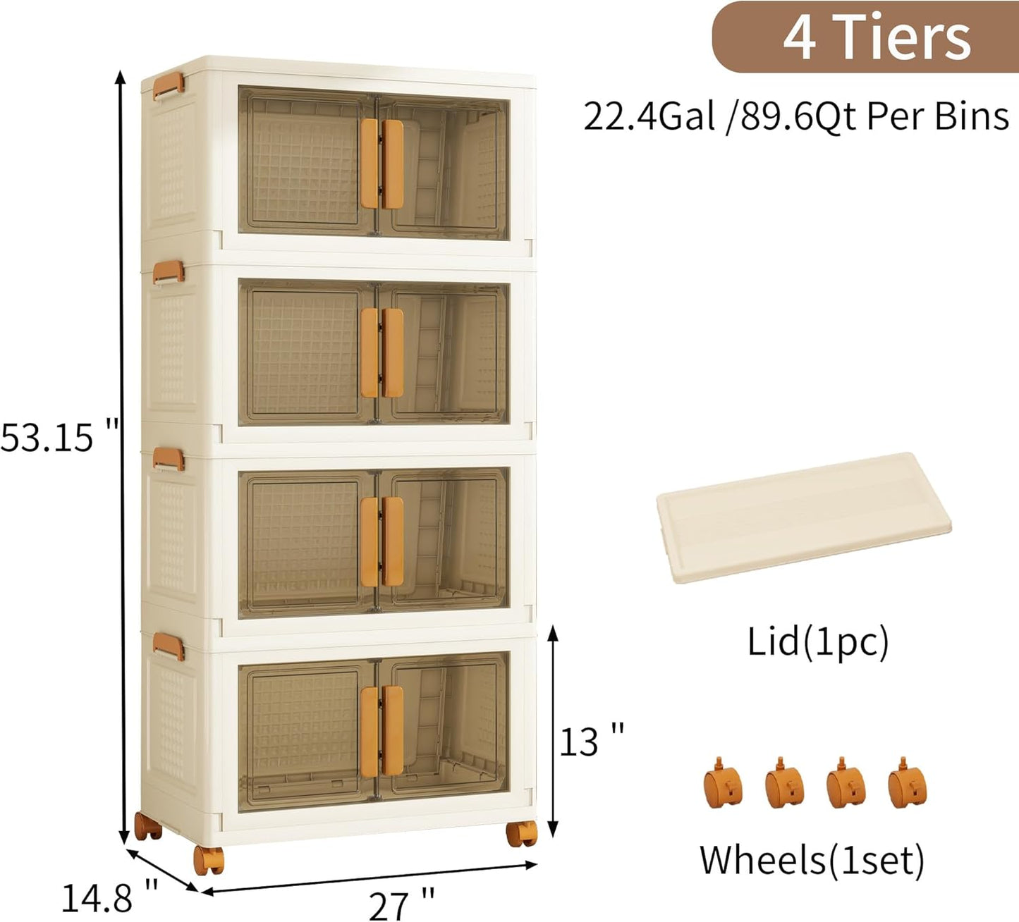 Plastic Stackable Storage Bins with Lids and Wheels, Foldable Closet Organizers and Storage Containers, Collapsible Clear Drawer Storage Cabinet with Doors White 89.6Gal
