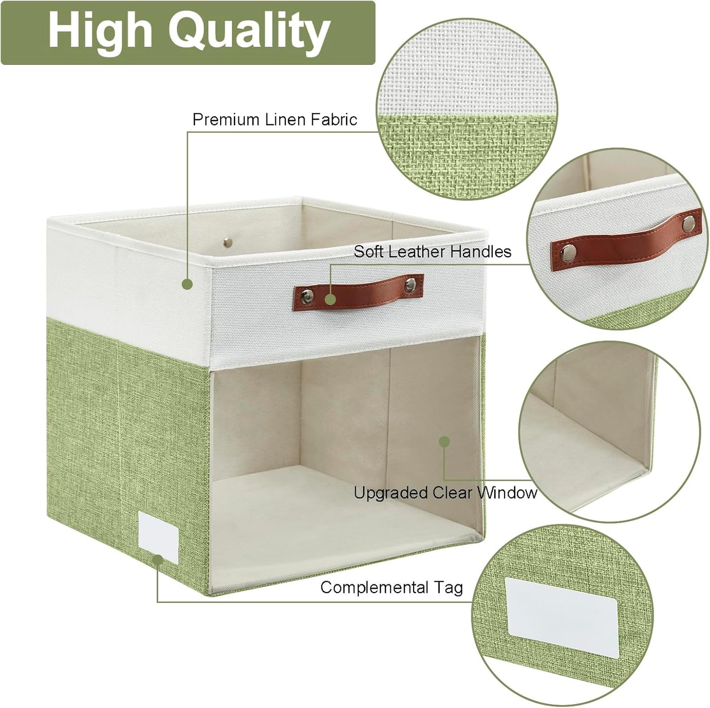 Storage Cubes, 4 Pack Linen Foldable Storage Bins (13 x 13 inch) with Clear Window and Handles, Fabric Organizer for Shelf Closet, Clothes, Books - (Green and White)
