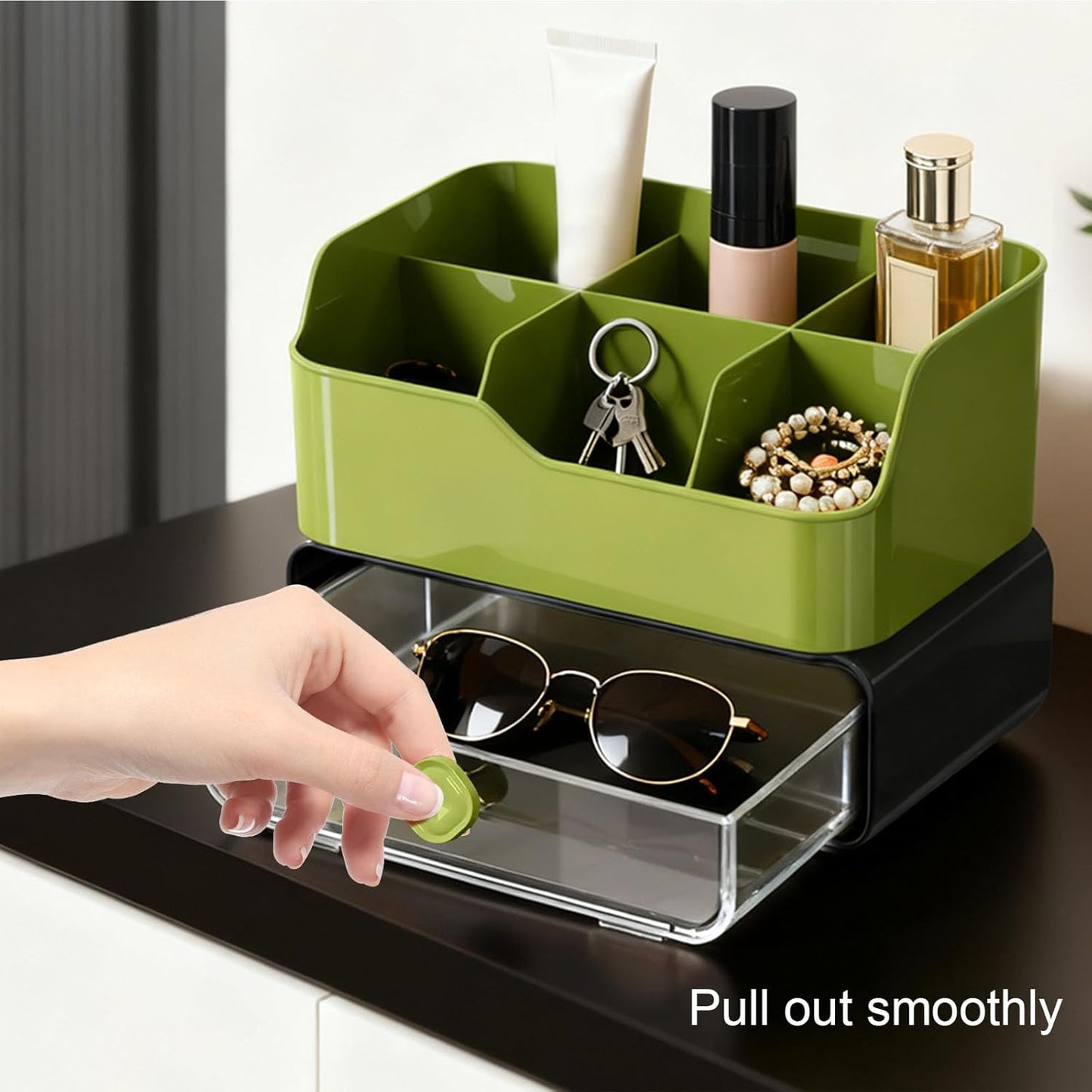 TEAMIX 3 Tier Desk Organizer with 2 Clear Drawers & 6 Slots, Stackable Desktop Drawer Organizer, Plastic Pencil Pen Holder Stationary Storage Makeup Organizer for Office/School/Art Supplies (Black)