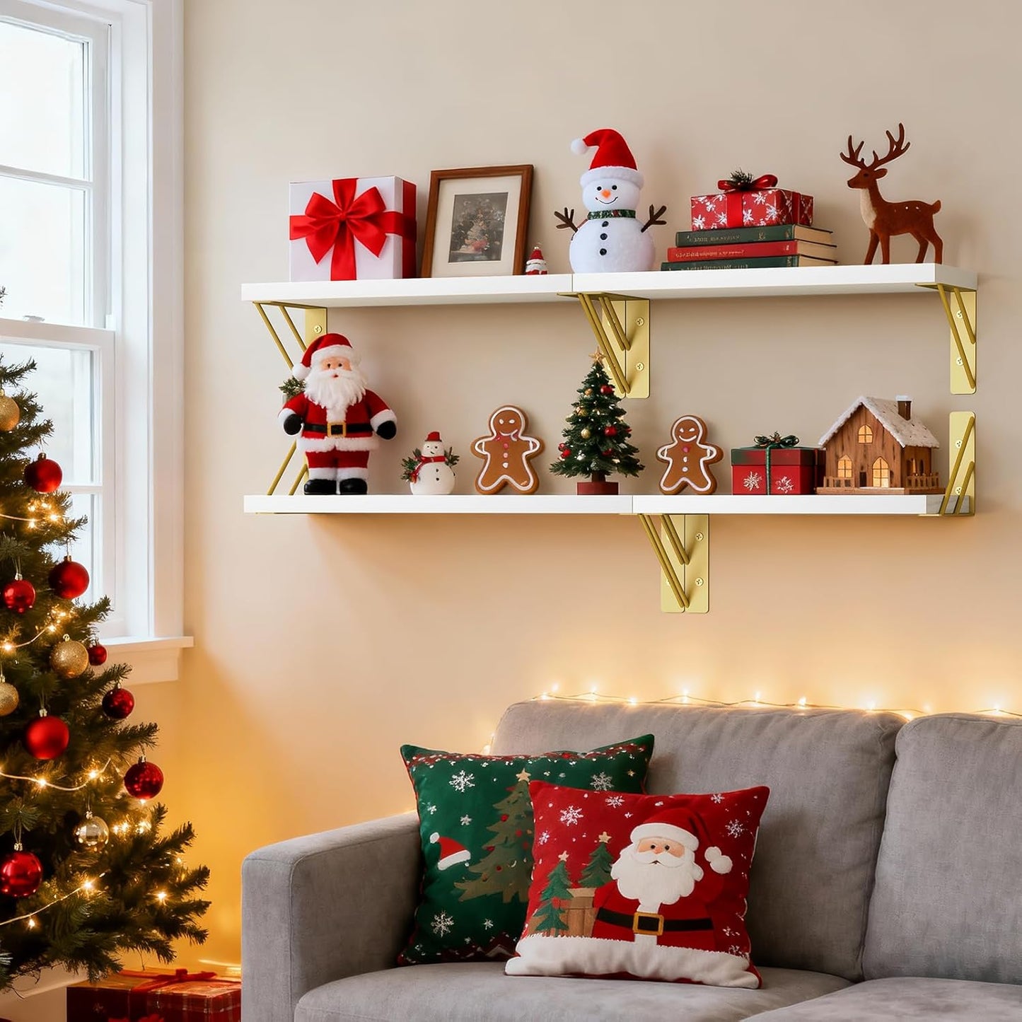 BAYKA Wall Shelves for Bedroom Decor, Floating Wall Shelf for Living Room Kitchen Storage, Mounted Rustic Wood Shelves for Kids Books, Corner Shelf for Bathroom(White and Gold，Set of 4)