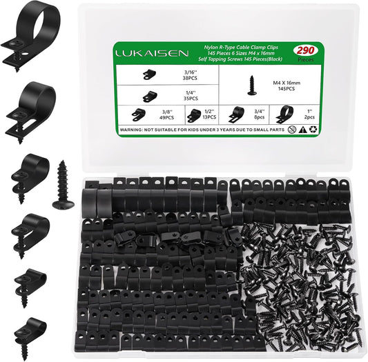 Cable Clips for Cable Management Cord Organizer, 6 Sizes 290 PCS Nylon R-Type, 3/16'' 1/4'' 3/8'' 1/2'' 3/4'' 1'' Black Plastic Screw Mounting Cord Fastener Clamp Assortment Kit with M4 Screws