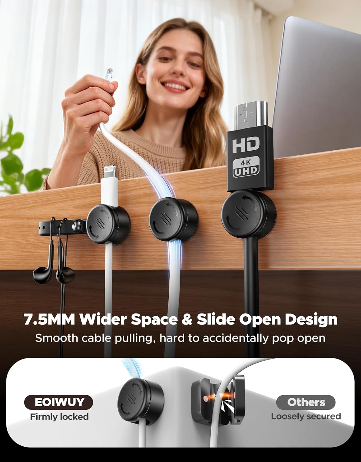 8 Pack Cord Organizer Clips with Silicone Cable Ties [2 in 1], Magnetic Cable Organizer [Smooth Adjustable & 1s Lock], Strong Adhesive Cord Holder Wire Organizer Keeper for Nightstand Desk