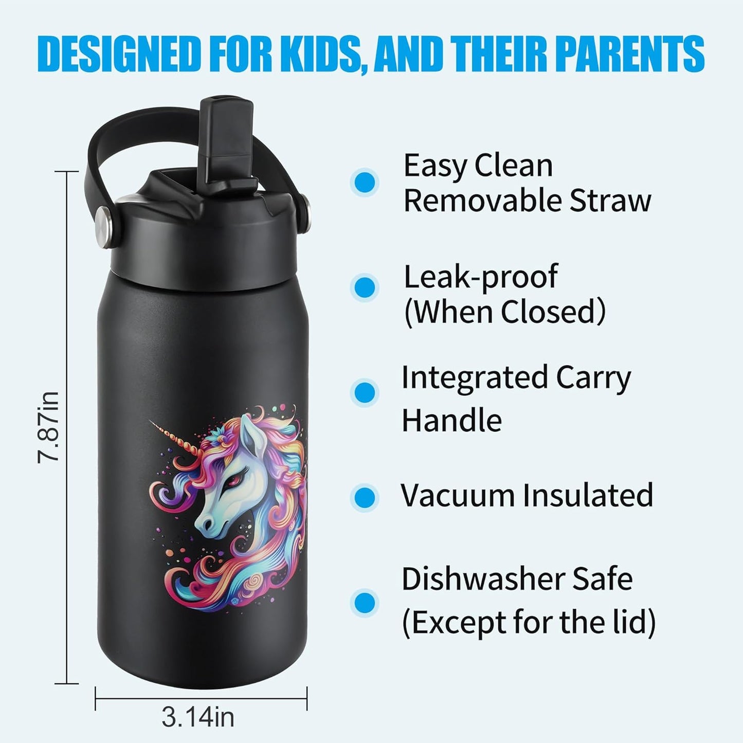 OLDLEY kids Water Bottle - 18oz Insulated Stainless Steel - Wide Straw Lid, Non Spill, Leakproof, Kids Water Bottle for School,Black Unicorn