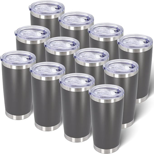 20oz Tumbler Bulk Stainless Steel Tumblers with Lid Vacuum Insulated Double Wall Travel Coffee Mug Powder Coated Tumbler Cup for Hot and Cold Drinks(Grey, 12 pack)