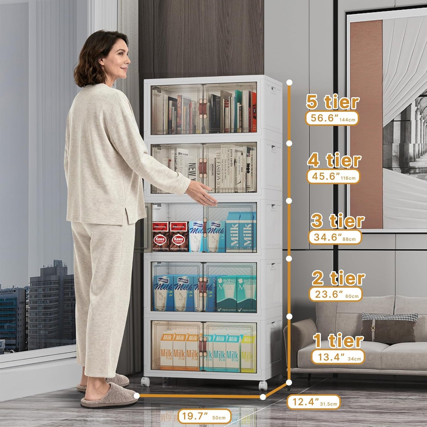 Extra Large Stackable Storage Bins with Lids & Wheels & Door, 260QT-52QT/13GAL*5Pack Foldable Collapsible Closet Organizers, Plastic containers drawers for bedroom Dorm