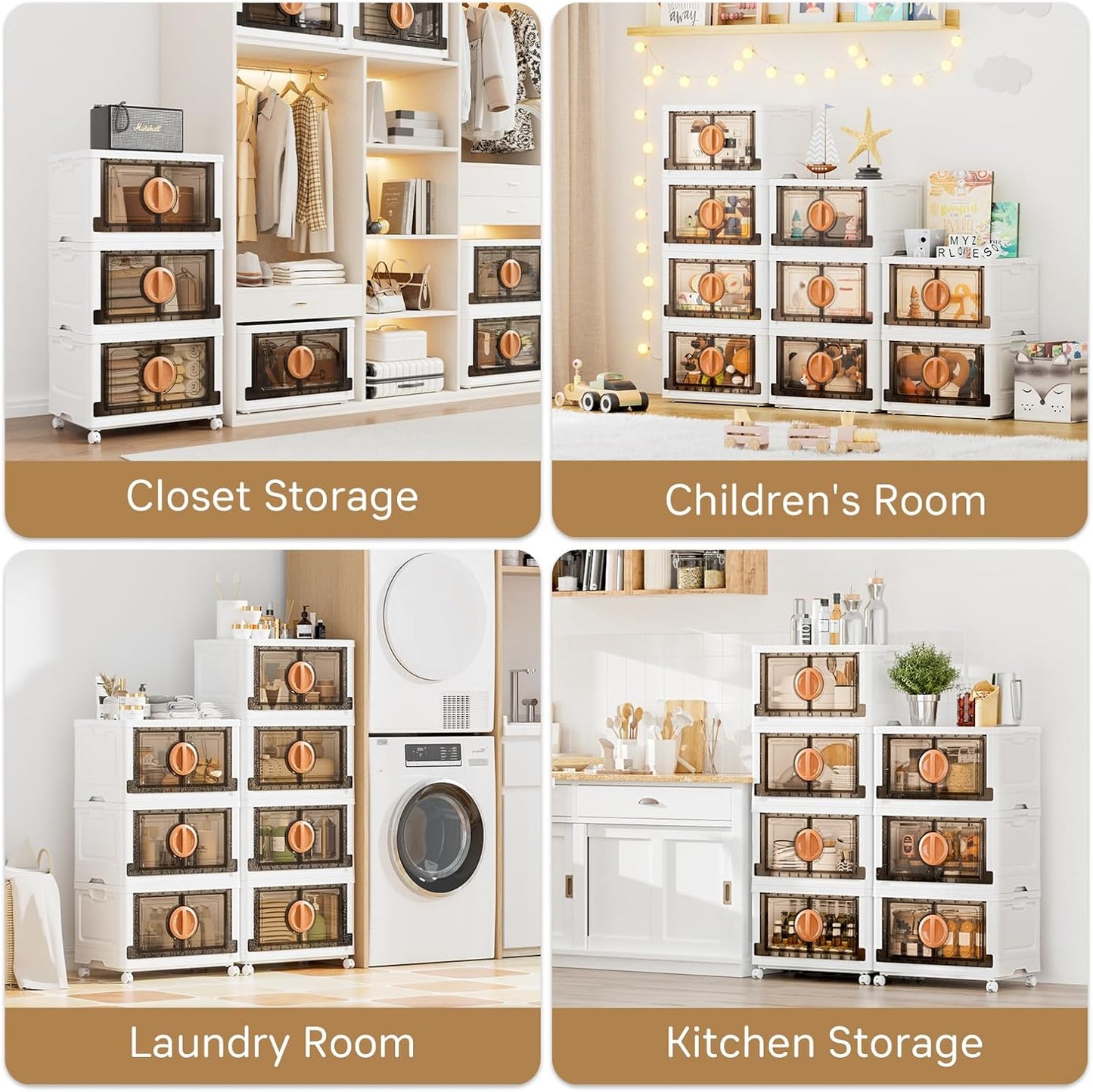 JEKO&JEKO 498Qt Lockable Stackable Storage Bins with Lids, Collapsible Closet Organizer with Wheels, Plastic Cabinet Drawer for Clothes 6 Pack (White)