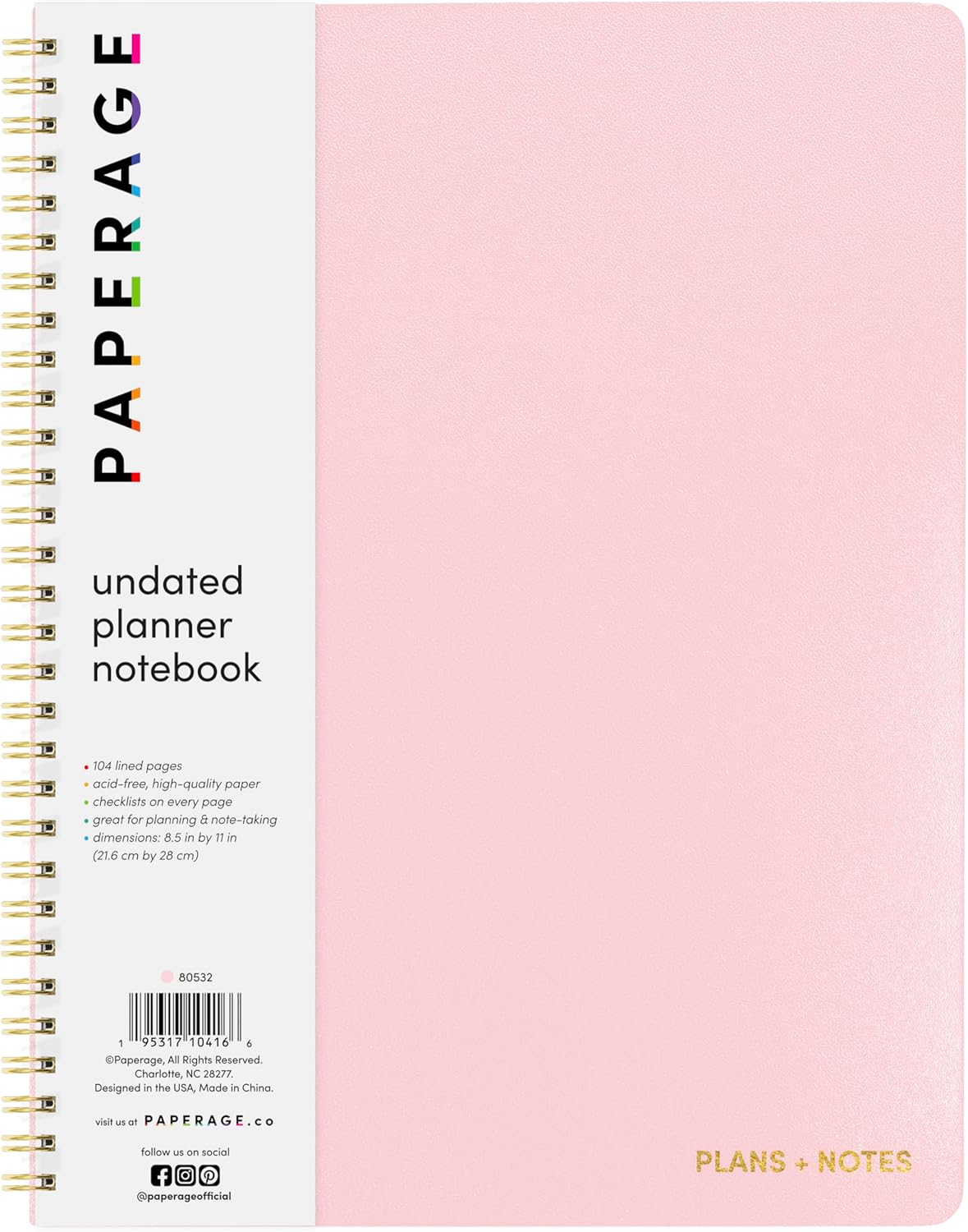 PAPERAGE Undated Daily Planner & To Do List Notepad (Blush), 8.5 in x 11 in, Spiral Bound Planner Notebook for Work, School or Home, 104 Lined Pages With Date Tracker for Plans & Notes
