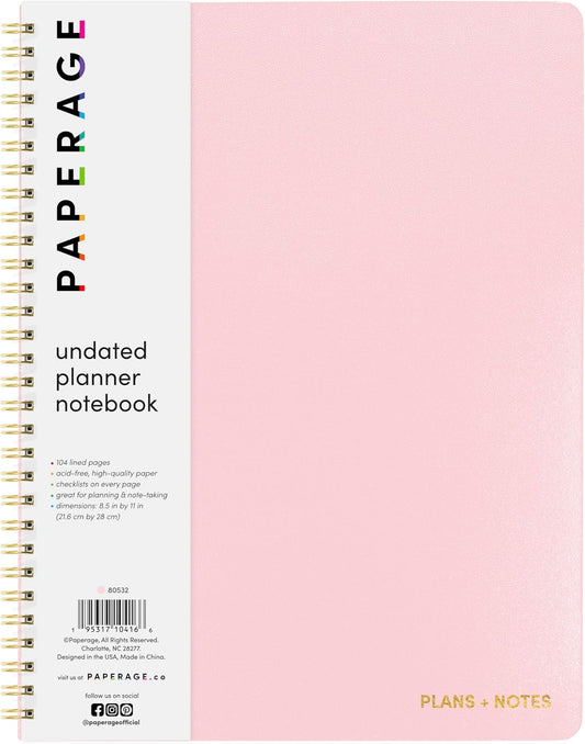 PAPERAGE Undated Daily Planner & To Do List Notepad (Blush), 8.5 in x 11 in, Spiral Bound Planner Notebook for Work, School or Home, 104 Lined Pages With Date Tracker for Plans & Notes