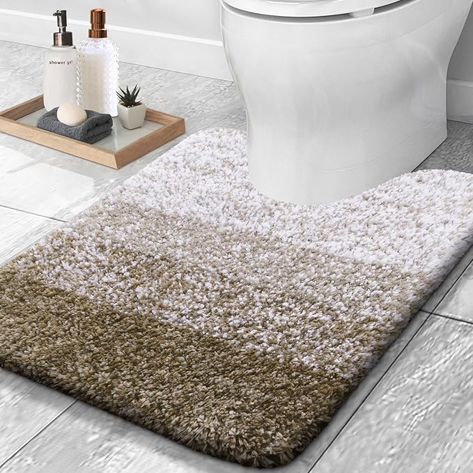 OLANLY Luxury Toilet Rugs U-Shaped 24x20, Extra Soft and Absorbent Microfiber Bathroom Rugs, Non-Slip Plush Shaggy Bath Mat, Machine Wash Dry, Contour Bathroom Mats for Toilet Base, Coffee