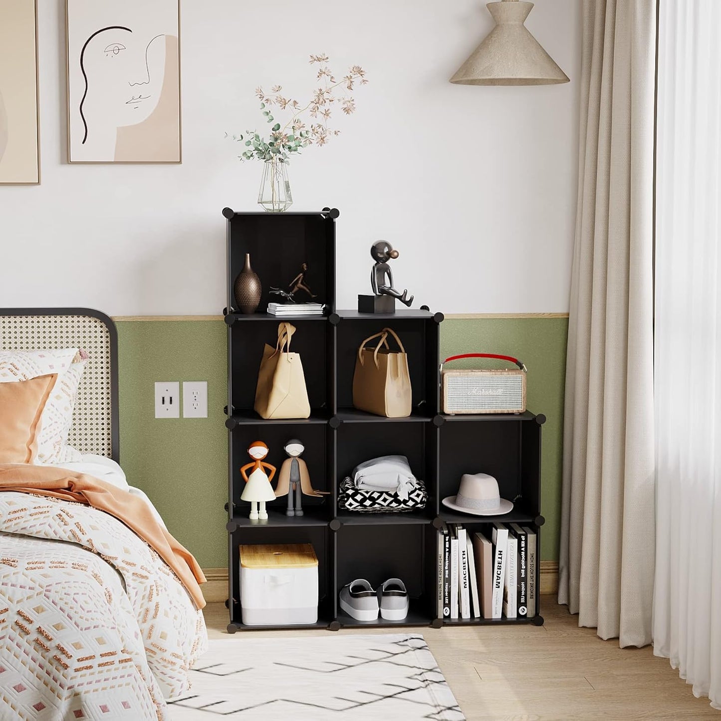 C&AHOME Cube Storage, 9-Cube Bookshelf, Plastic Closet Cabinet Organizer, DIY Stackable Bookcase, Modular Shelving Units Ideal for Home, Office, Kids Room, 36.6" L x 12.4" W x 48.4" H Black SHS3009A