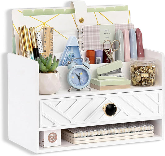 white Wood Desk Organizer and Accessories with Drawer, Bill Mail Organizer and File Mail Holder for Office Supplies, Desk Accessories & Workspace Organizers for Desk Organization