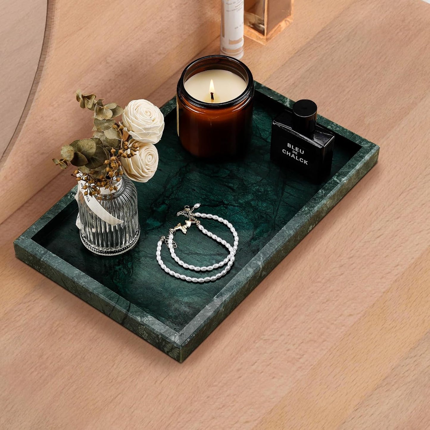 Real Natural Marble Tray for Bathroom, Vanity, Kitchen and Desktop, Rectangle Genuine Marble Stone Tray for Jewelry, Cosmetics, Candles, Lotion, Perfume and Home Decor