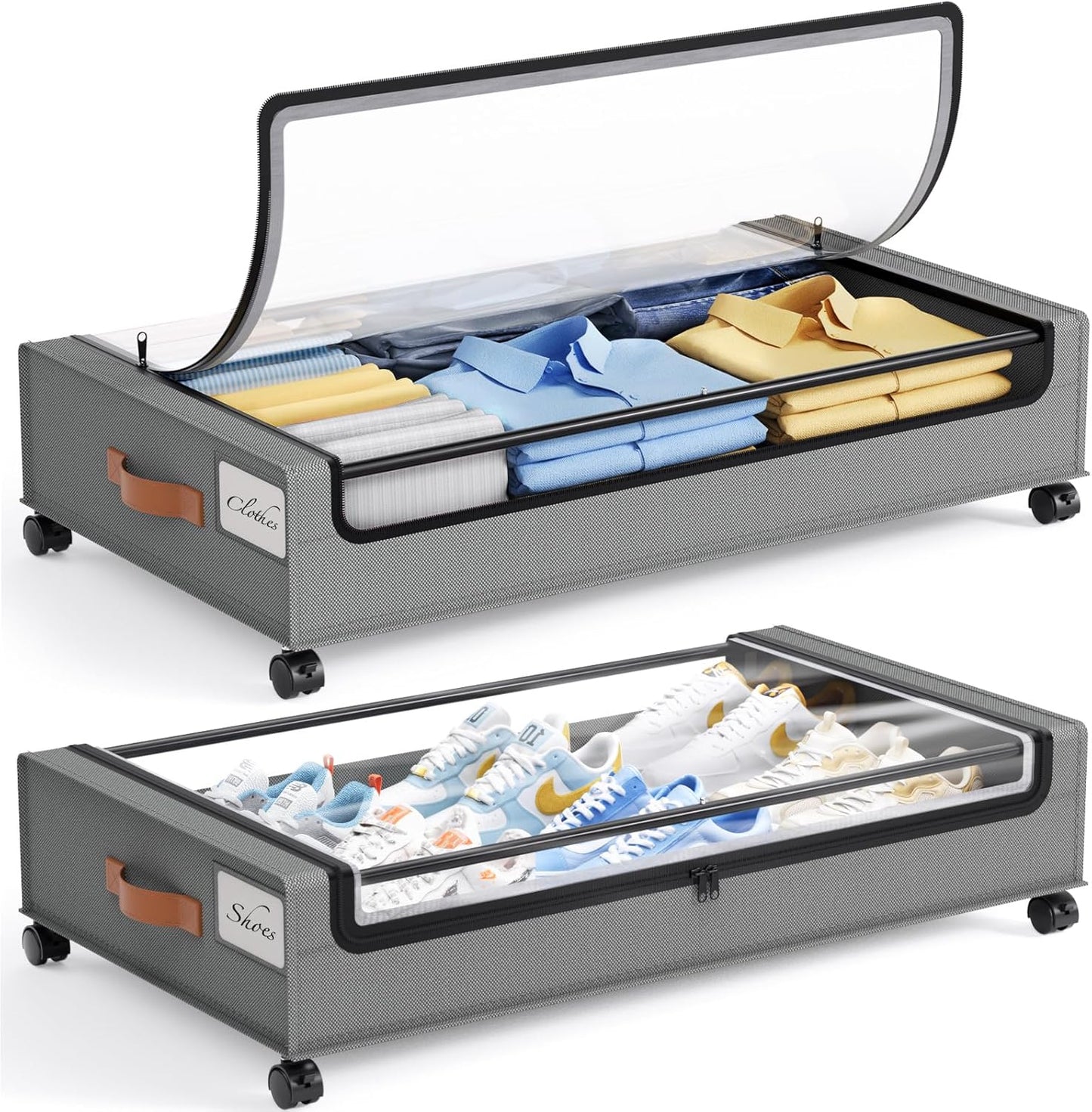 Yecaye Under Bed Storage with Wheels, 2 Pack Under Bed Storage Containers, Large Under Bed Rolling Storage with Clear Window & Label, Bedroom Storage Organizer for Clothes, Shoes, Books, Blankets