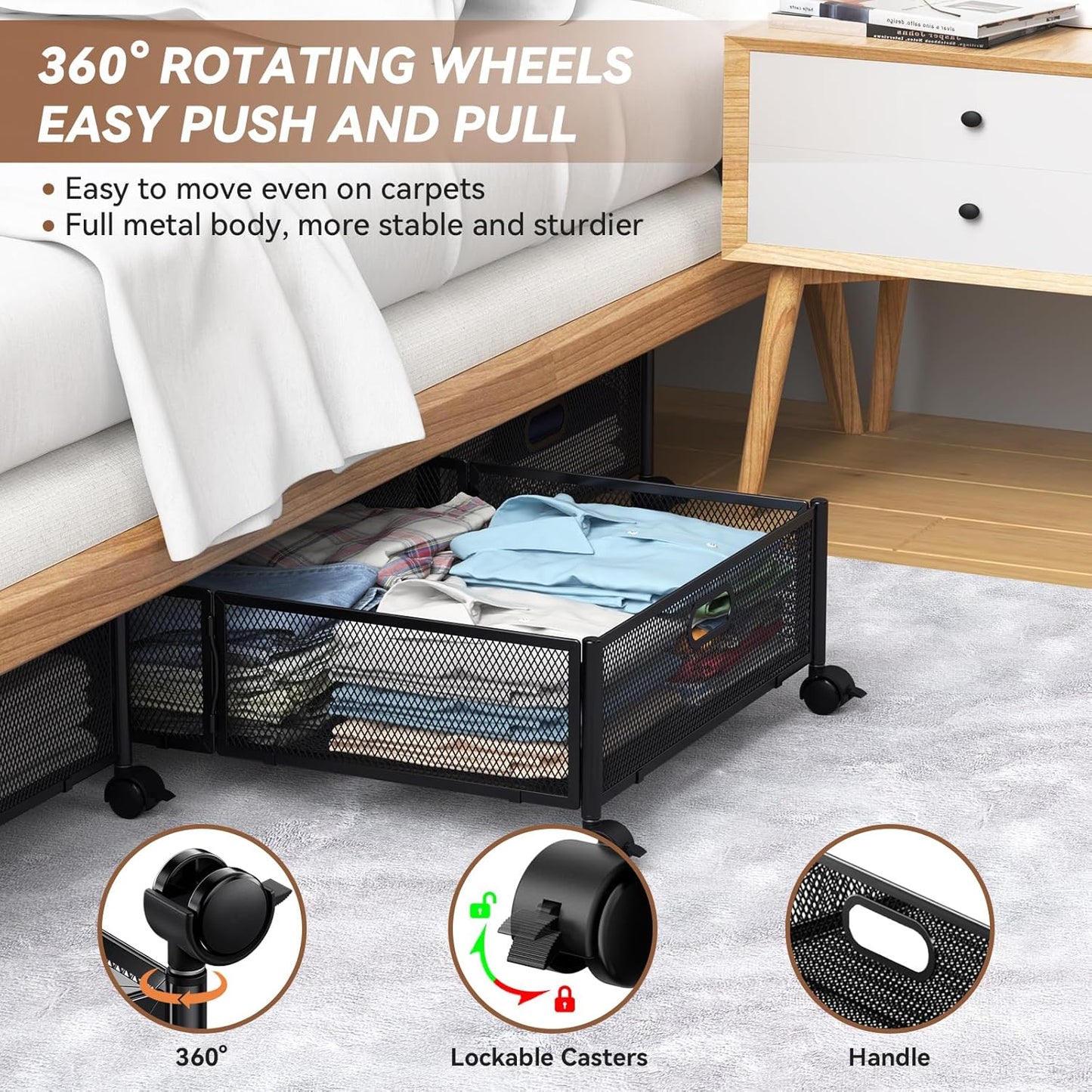 PHINOX Under Bed Storage with wheels, Under the Bed Storage Containers,Upgrade Crossed Iron Wire, Metal Rolling Underbed Storage Containers for Bedroom Clothes Shoes Blankets-2 Pack,Black