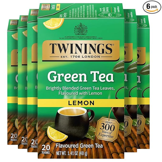 Twinings Green Tea with Lemon Individually Wrapped Bags, 20 Count (Pack of 6), Zesty Citrus Aroma & Flavour, Caffeinated, Enjoy Hot or Iced, 120 Teabags