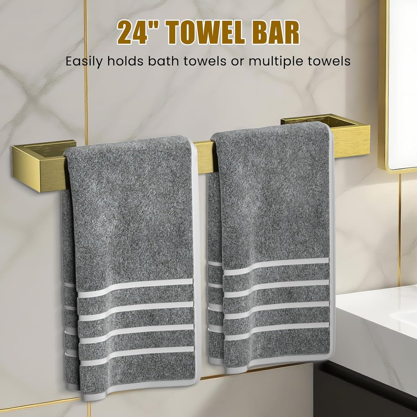 4 Pcs SUS304 Stainless Steel Bathroom Accessories Set, 24" Towel Bar, Towel Holder, Toilet Paper Holder, Robe Hook, Minimalist Design for All Styles Bathrooms (Gold)
