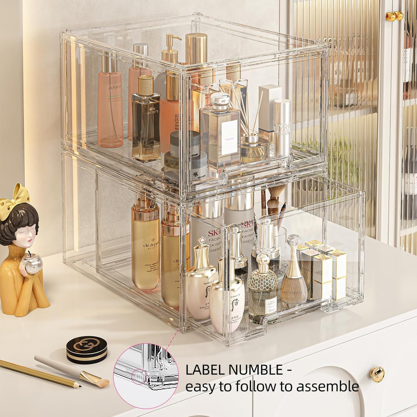 2 Packs Plastic Stackable Storage Drawers, Clear Desktop Drawer Organizers, 2 Drawer Storage Organizer, Make up Organizer with Drawers, Arcylic Drawers Organizer for Office Supplies, School, Home