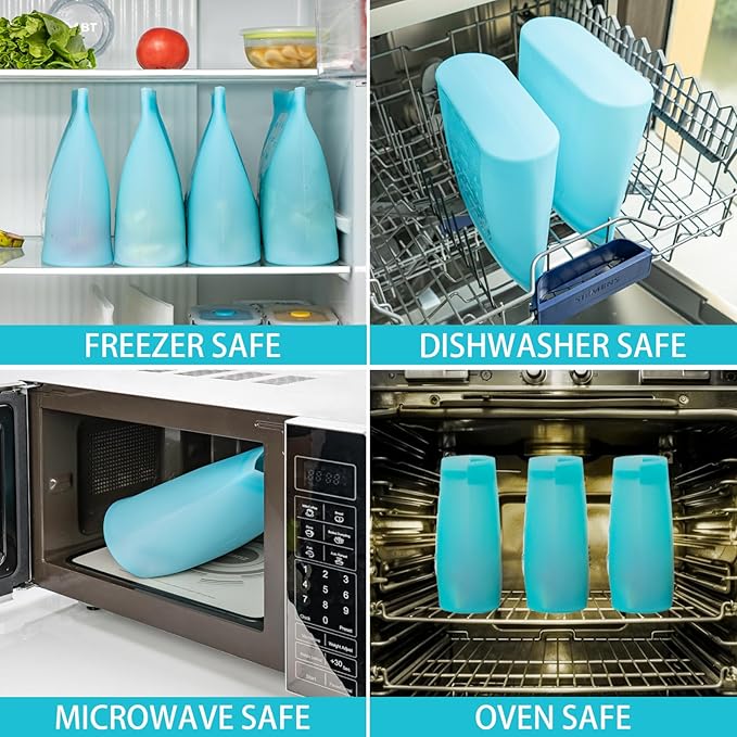 Reusable Food Storage Bags Extra Large, 0.8 Gallon/101 fl.oz/3000 ml, 4 Pack 100% Silicone Food Storage Bags Stand-Up Wide-Mouth Zip-Lock for Large Items, Freezer Microwave Oven Dishwasher Safe, Blue