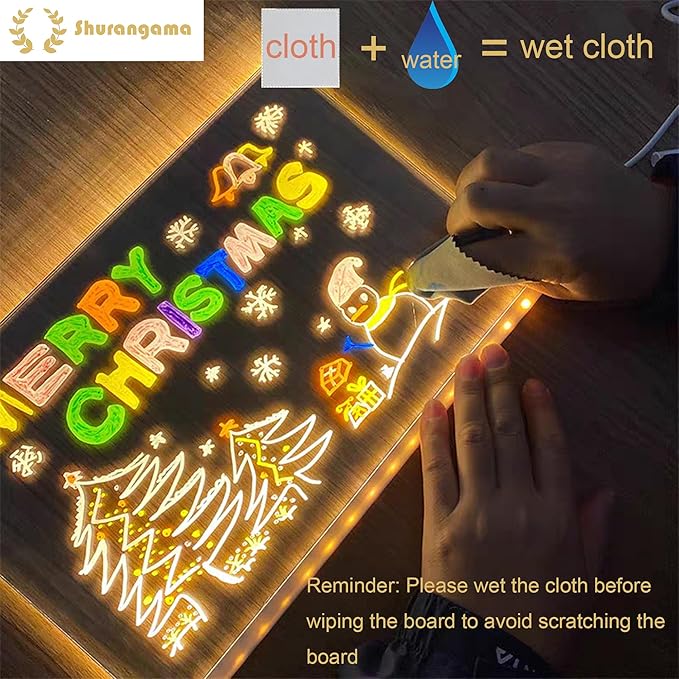 LED Note Board with Colors 12-Color Illuminated Acrylic Drawing Board - Dry-Erase Night Light with Stand for Home/Office/Gift/Festival (7.9" W x 7.9" H)