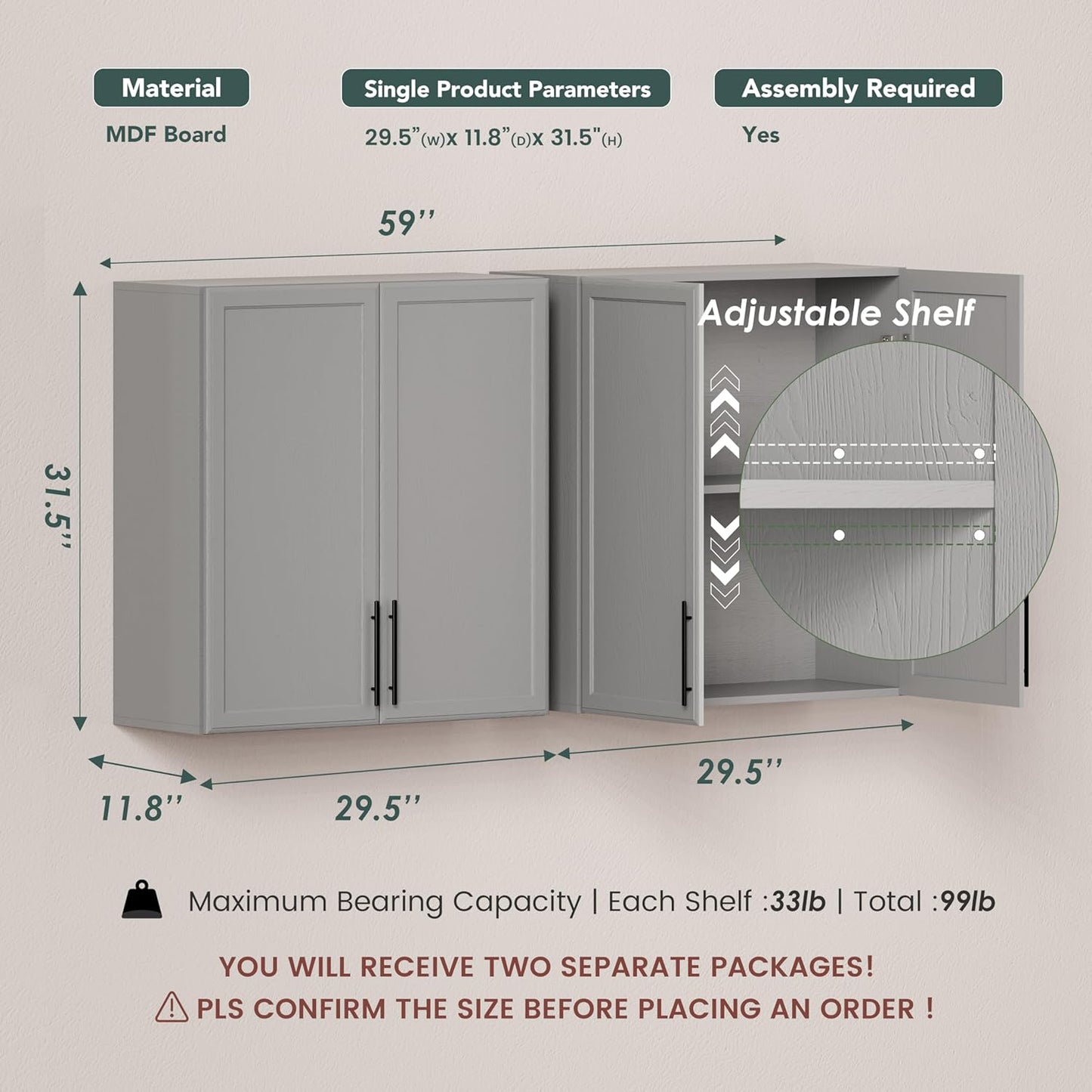 FIMELLO 59" Wall Cabinets for Laundry Room with Adjustable Shelf, Laundry Room Cabinets Wall Mounted, White Wall Cabinet with Shaker Doors, Kitchen Wall Cabinet, Hanging Cabinets for Bathroom -Gray