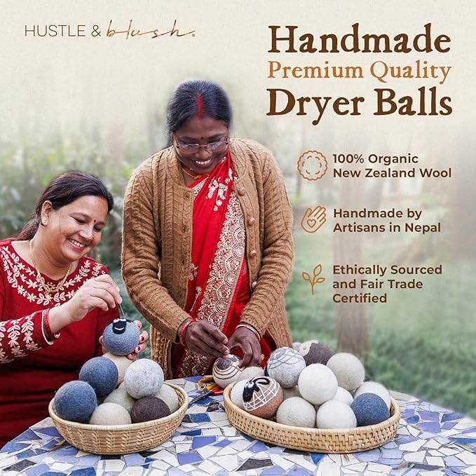 Hustle & Blush Fluff Ewes Wool Dryer Balls 6 Pack - XL Kiss My Cactus Premium New Zealand Laundry Set, Reduces Drying Time, Static Control, Chemical Free, Ideal Holiday Gifts for Women & Men