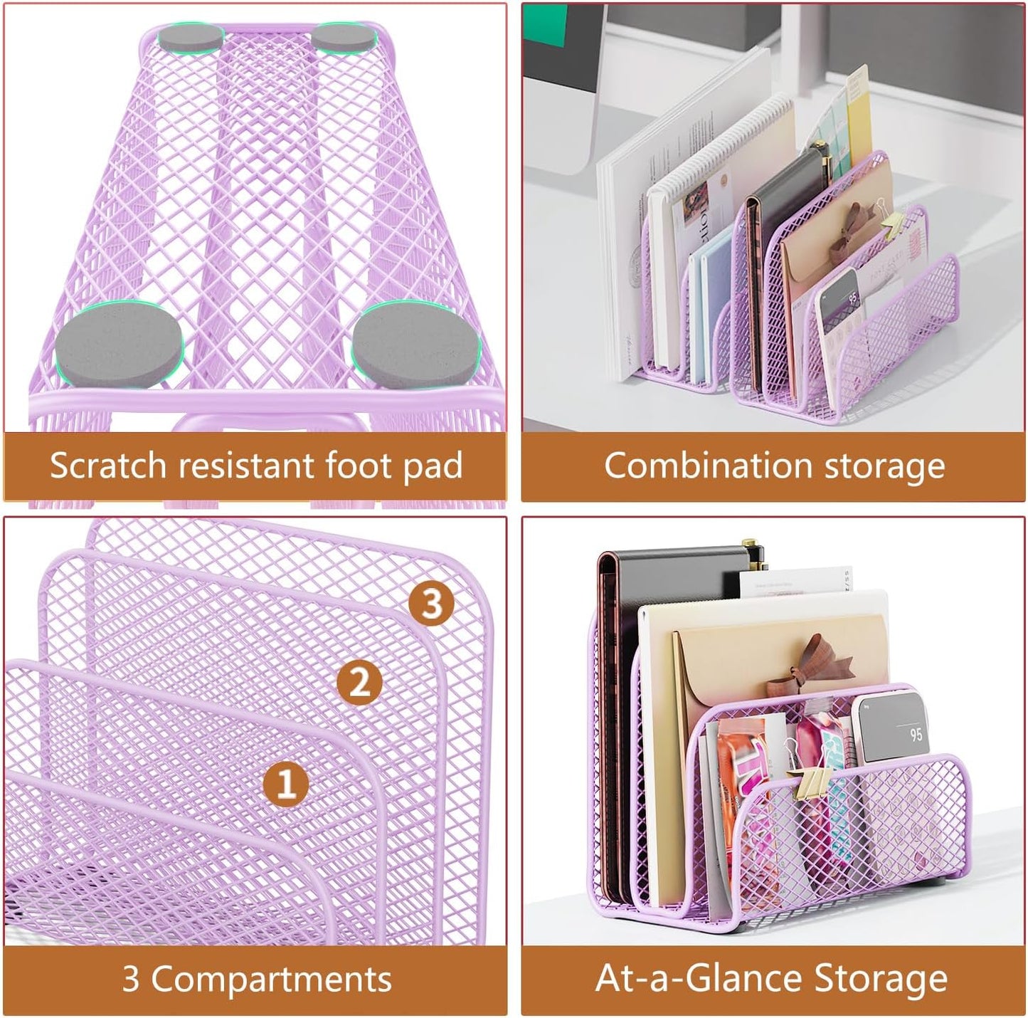 gianotter Mail Organizer Countertop, Metal File Holder with 3-Slot, Purple Desk Accessories & Workspace Organizers (Purple)