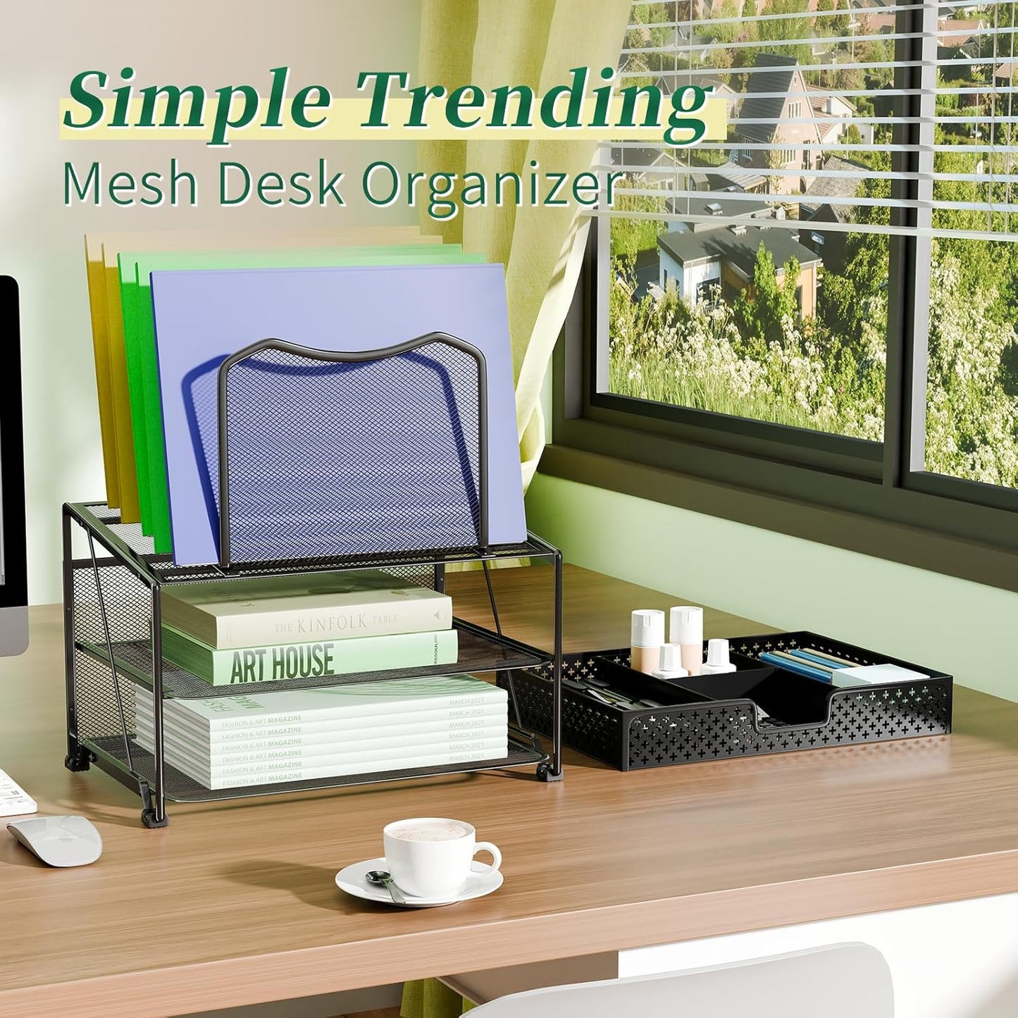 Simple Trending Mesh Desk Organizer with Sliding Drawer, Double Tray with 5 Sections File Bookshelf, Black