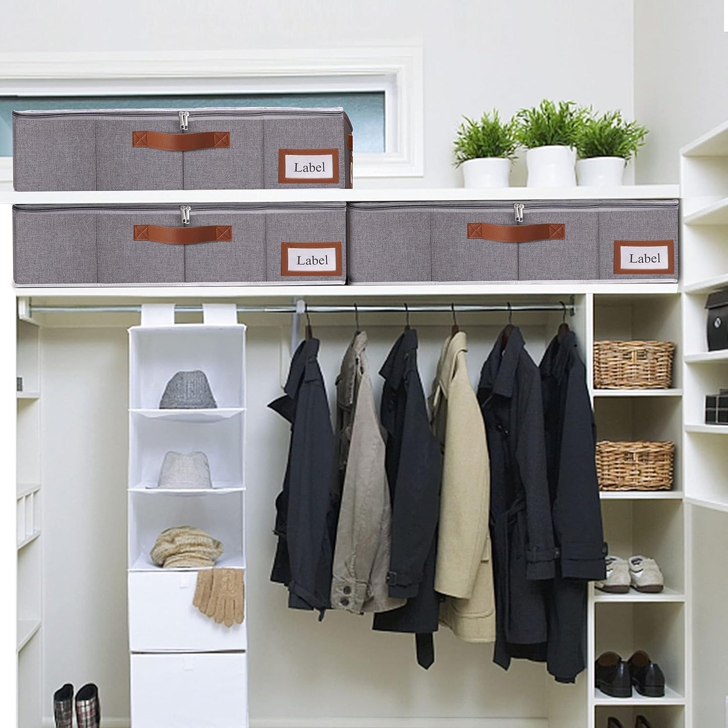 Yawinhe Under Bed Storage Containers, 2 Pack, Bin with Lids, Collapsible Closet Organizers, with Sorting Card Slot and 4 Leather Handles, for Blanket, Bedding, 31.5''Lx15.7''Wx6''H, Grey