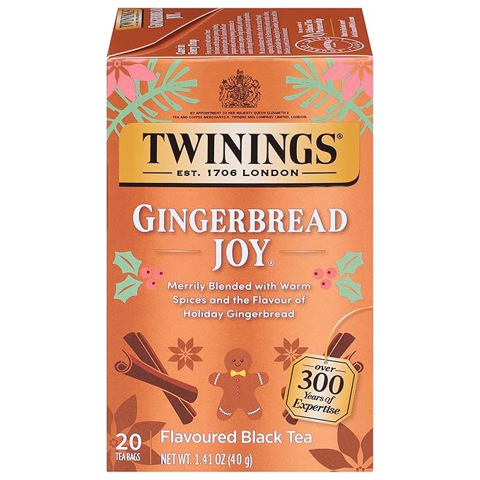 Twinings Gingerbread Joy Black Tea Individually Wrapped Bags, 20 Count (Pack of 1), Ginger & Cinnamon, Caffeinated, Enjoy Hot or Iced, 20 Teabags