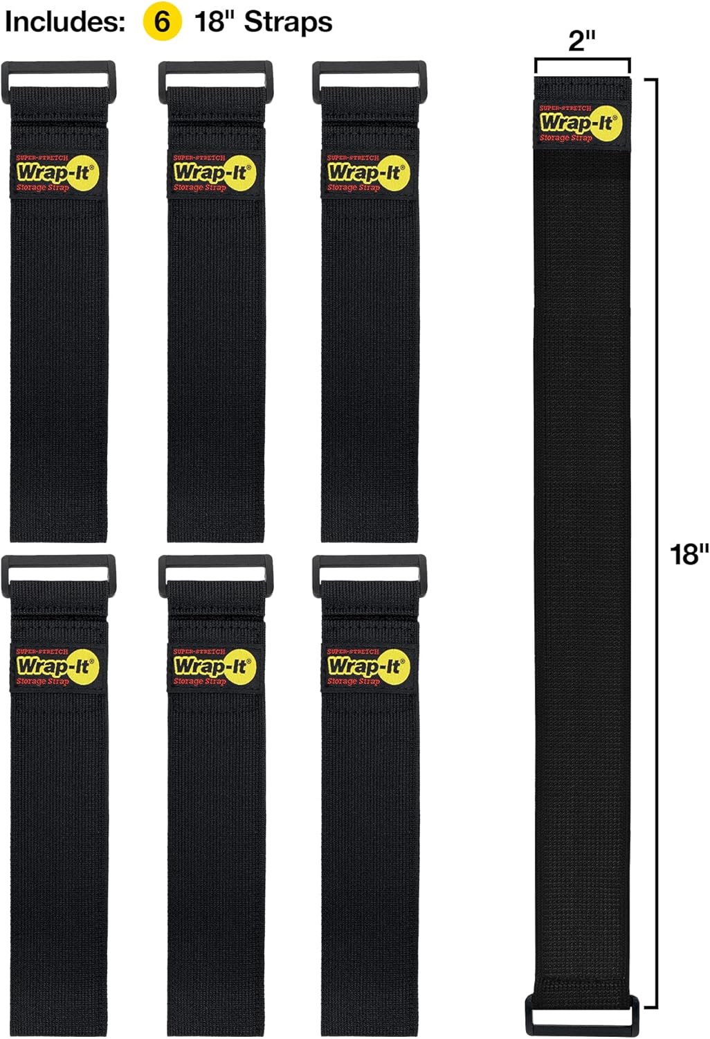 Wrap-It Storage - Super-Stretch, 18" (6 Pack) - Elastic Hook and Loop Cinch Straps - Extension Cord Organizer, Hose and Cables Straps, Cord Wrap