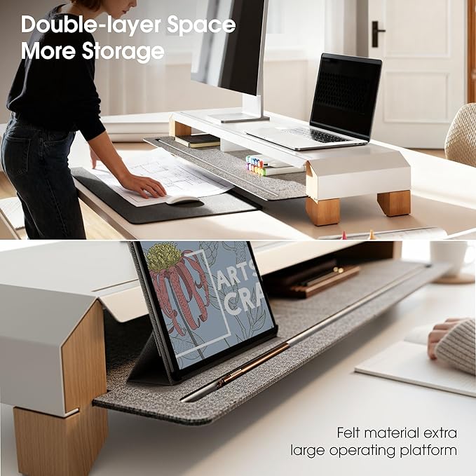 Fenge Monitor Stand for Desk, 39 Inch Dual Monitor Riser for 2 Monitors, Solid Wood Desk Shelf with Cable Management, 2 Tier Computer Stand with Phone Stand for PC, Laptop, Printer, TV