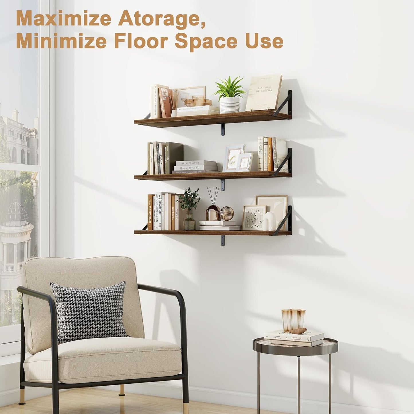 Fun Memories Floating Shelves, 32 x 8 Inches, Set of 3 Wall-Mounted Bookshelves with Metal Brackets, Decorative Storage for Home and Office (Walnut)