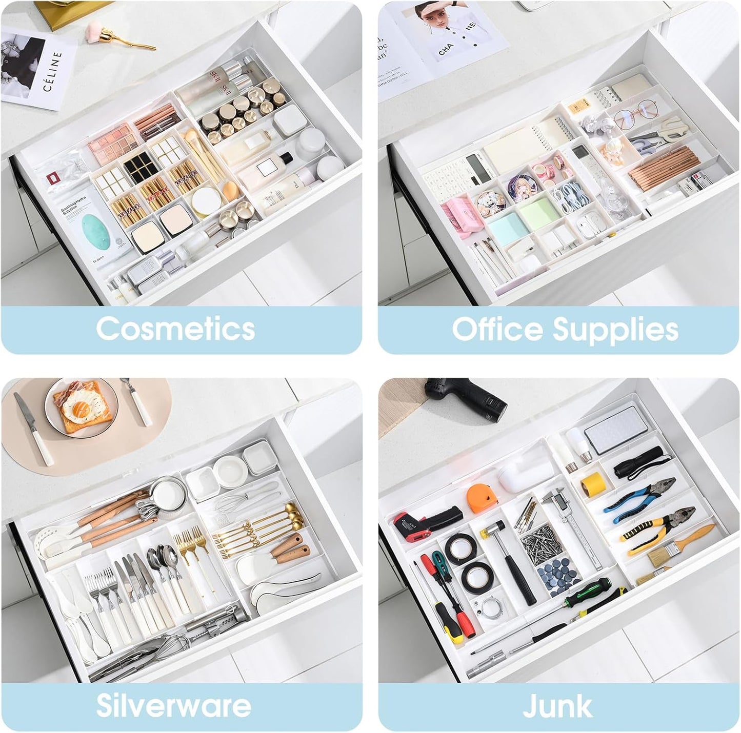 MIUOPUR Expandable Drawer Organizer, Width (10.6"-20.1") Depth (11"-20.1"), Plastic Makeup Drawer Organizer with 6 Removable Dividers, Silverware Organizer, Great for kitchen and Bathroom Drawers