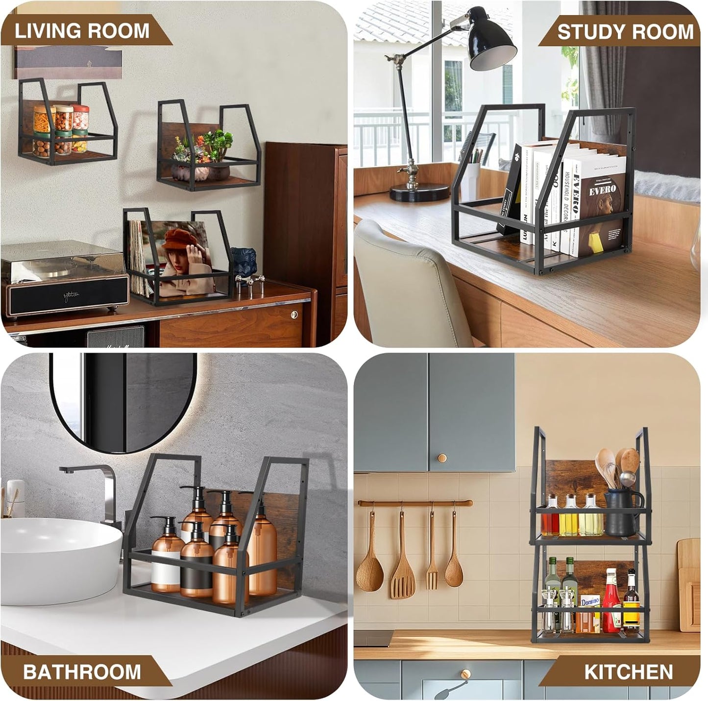 Y&M 2 In 1 Vinyl Record Storage Crate, 2 Pack Wood LP Holder, Wall Mount or Desktop Metal Album Organizer, Holds 80+ Records, Multifunctional Stackable Magazine Display Shelf, Brown