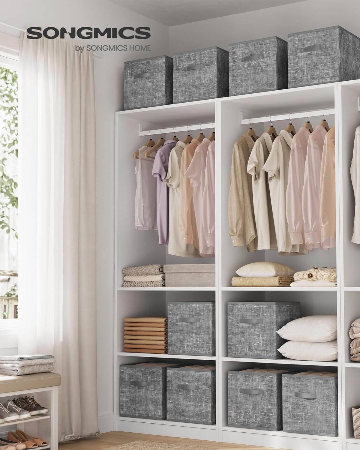 SONGMICS Storage Cubes, 13 x 13 x 13 Inches Non-Woven Fabric Bins with Double Handles, Set of 10, Closet Organizers for Shelves, Foldable, for Clothes, Cattail Gray UROB133G01