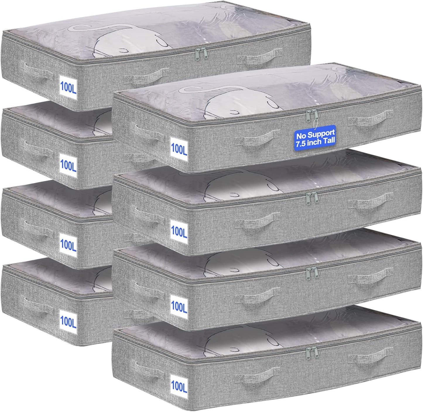 punemi Under Bed Storage Containers (Soft-Sided) - 8-Pack, 100L Extra Large, Zippered Flat Storage Bins for Blankets, Winter Clothing & Shoes - Thick Fabric, 40x20x7.5 Inches, Grey