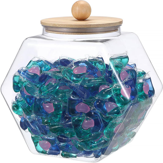 Sumnacon Laundry Pods Container with Wooden Lid, Plastic Laundry Room Organization Jars Farmhouse Wide Mouth Laundry Storage Containers Clear Laundry Pods Holder for Dryer Balls, Beads, Powder