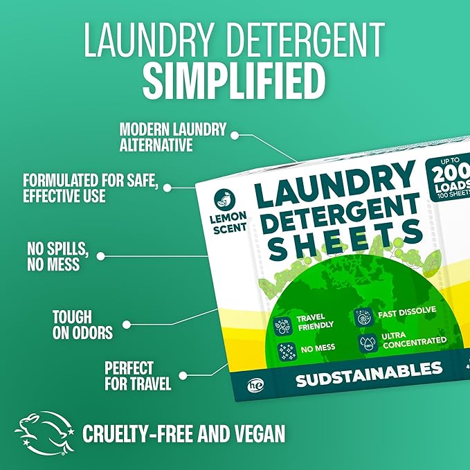 Sudstainables Laundry Detergent Sheets 200 Loads – Dissolvable Laundry Sheet for Washing Machines, Compact Alternative to Liquid & Powder Detergent, Travel-Friendly Soap | Lemon
