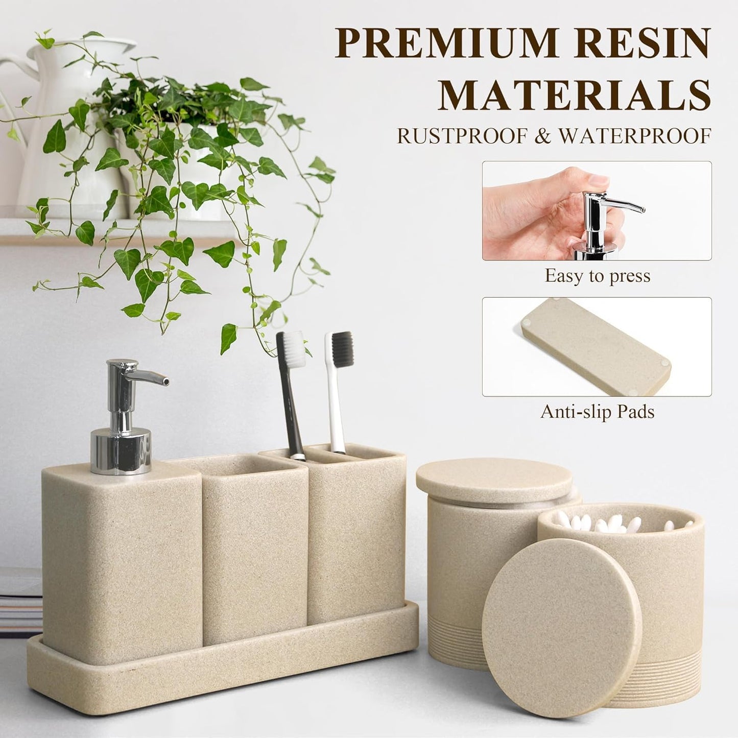 Bathroom Accessories Set, 6 Piece Bathroom Set with Toothbrush Holders, Soap Dispenser, Vanity Tray, Tumbler, Cotton Swab Jars, Bathroom Organizer，Bathroom Sink Sets, Stone Beige