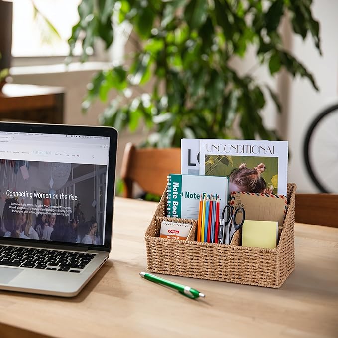 Rattan Desk Organizer, Tabletop Mail Holder, 5 Slot Mail Organizer Countertop Basket, Rattan Office Supplies, Boho Office Desk Accessories, Wicker Desk Organizer, Magazine Holder（Wicker）