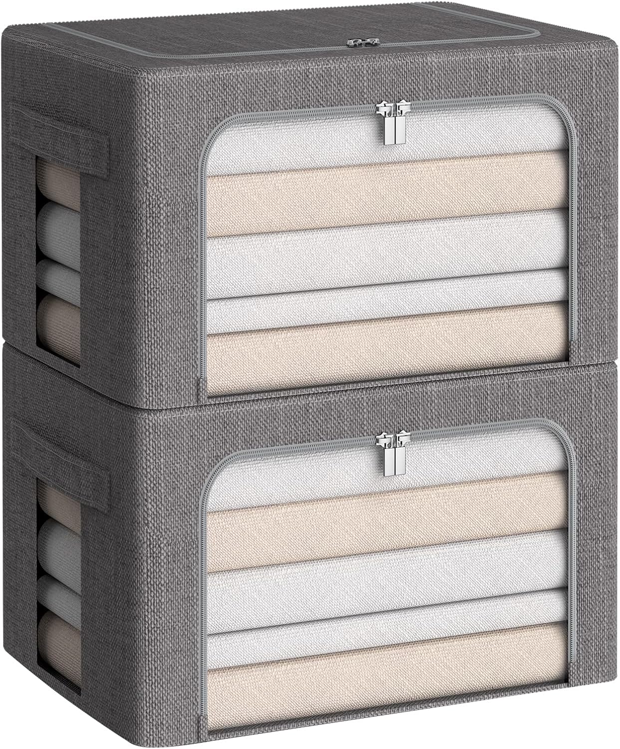 Clothes Storage Bins Box - Linen Fabric Foldable Stackable Container Organizer Set with Clear Window & Carry Handles & Metal Frame (Dark Gray, Medium-36L)