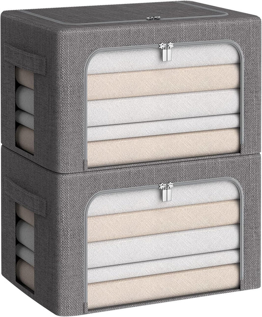 Clothes Storage Bins Box - Linen Fabric Foldable Stackable Container Organizer Set with Clear Window & Carry Handles & Metal Frame (Dark Gray, Medium-36L)