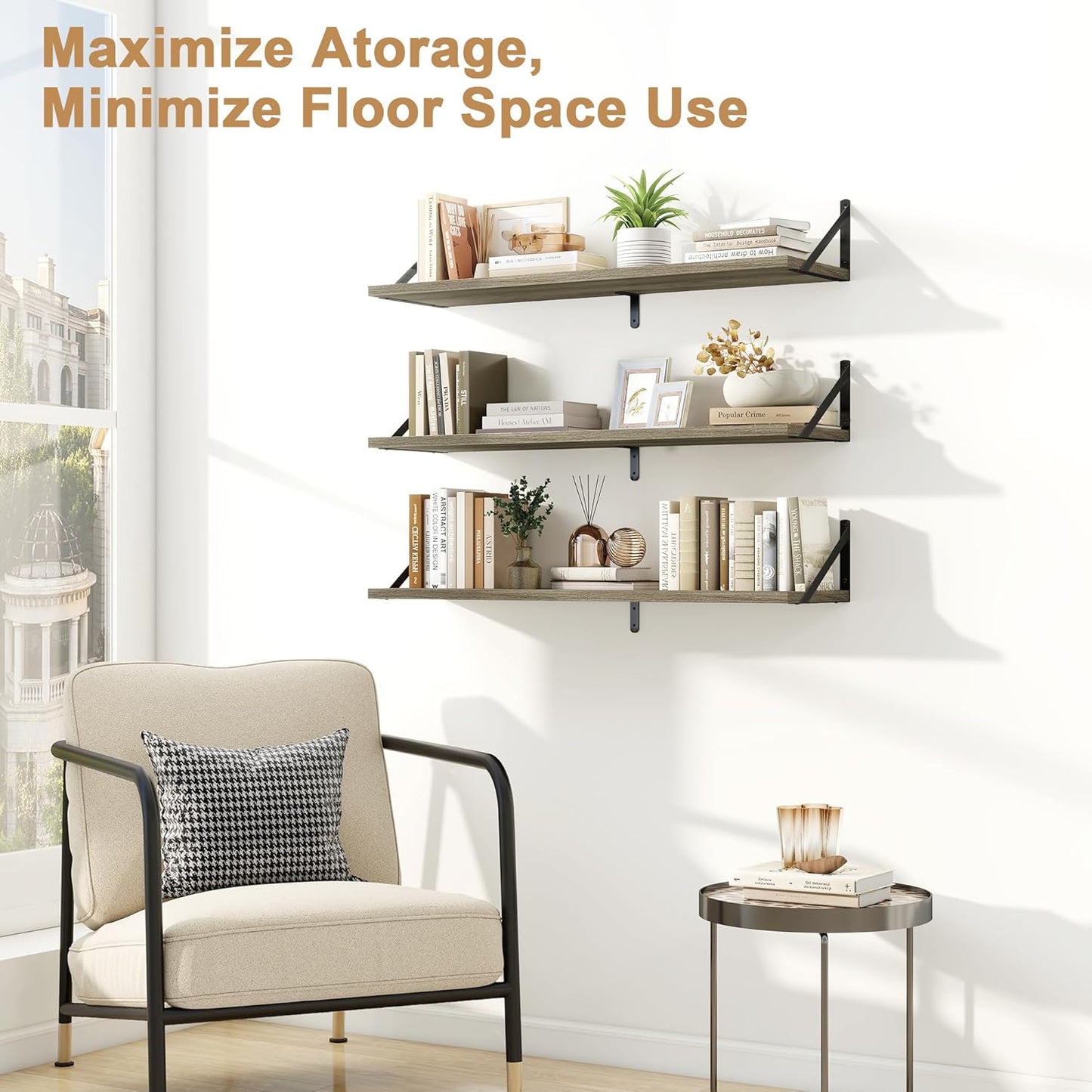 Fun Memories Floating Shelves for Wall, 36 Inches Long Set of 3 Wall Shelves for Bedroom, Floating Bookshelves with Metal Brackets for Living Room, Kitchen, Bedroom and Laundry Room (Grey)