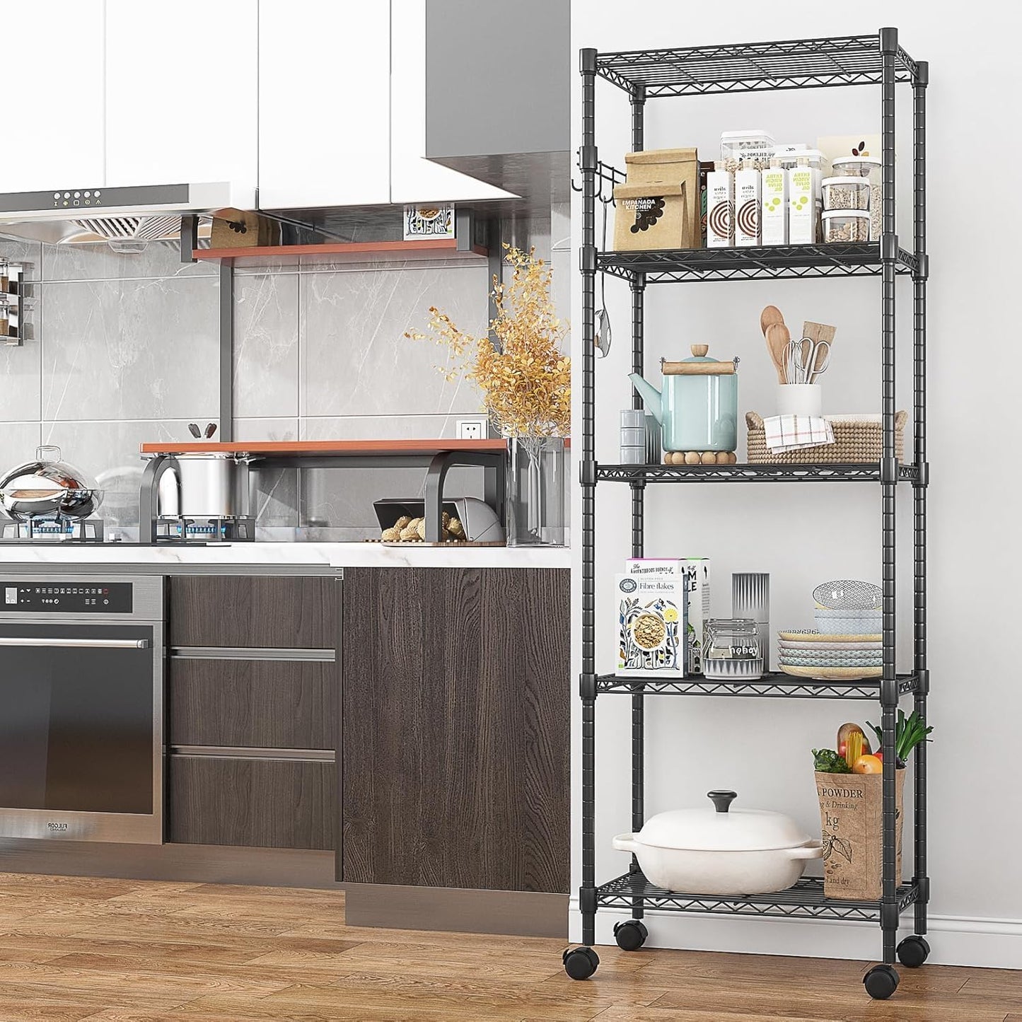 Himimi 5-Tier Wire Shelving Unit on Wheels, Adjustable Heavy Duty Metal Shelves with Side Hooks, Metal Organization Wire Rack for Kitchen Garage Basement, 13" L x 23" W x 72" H, Black