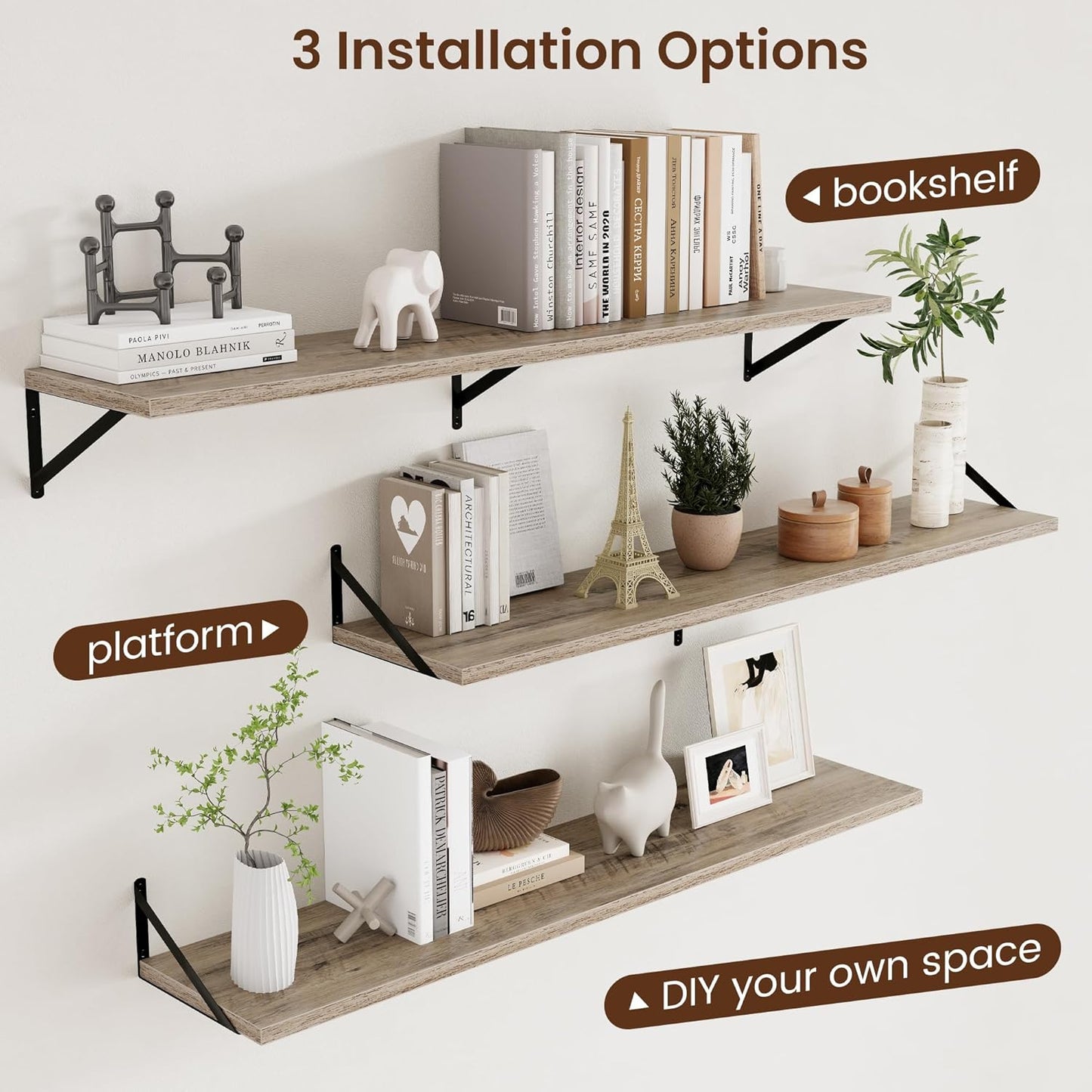 Axeman 12 Inch Deep Floating Shelves for Wall - 55 Inch Wide x 12 Inch Deep Wall Shelves Set of 2 - Rustic Grey Wood Floating Shelves for Living Room