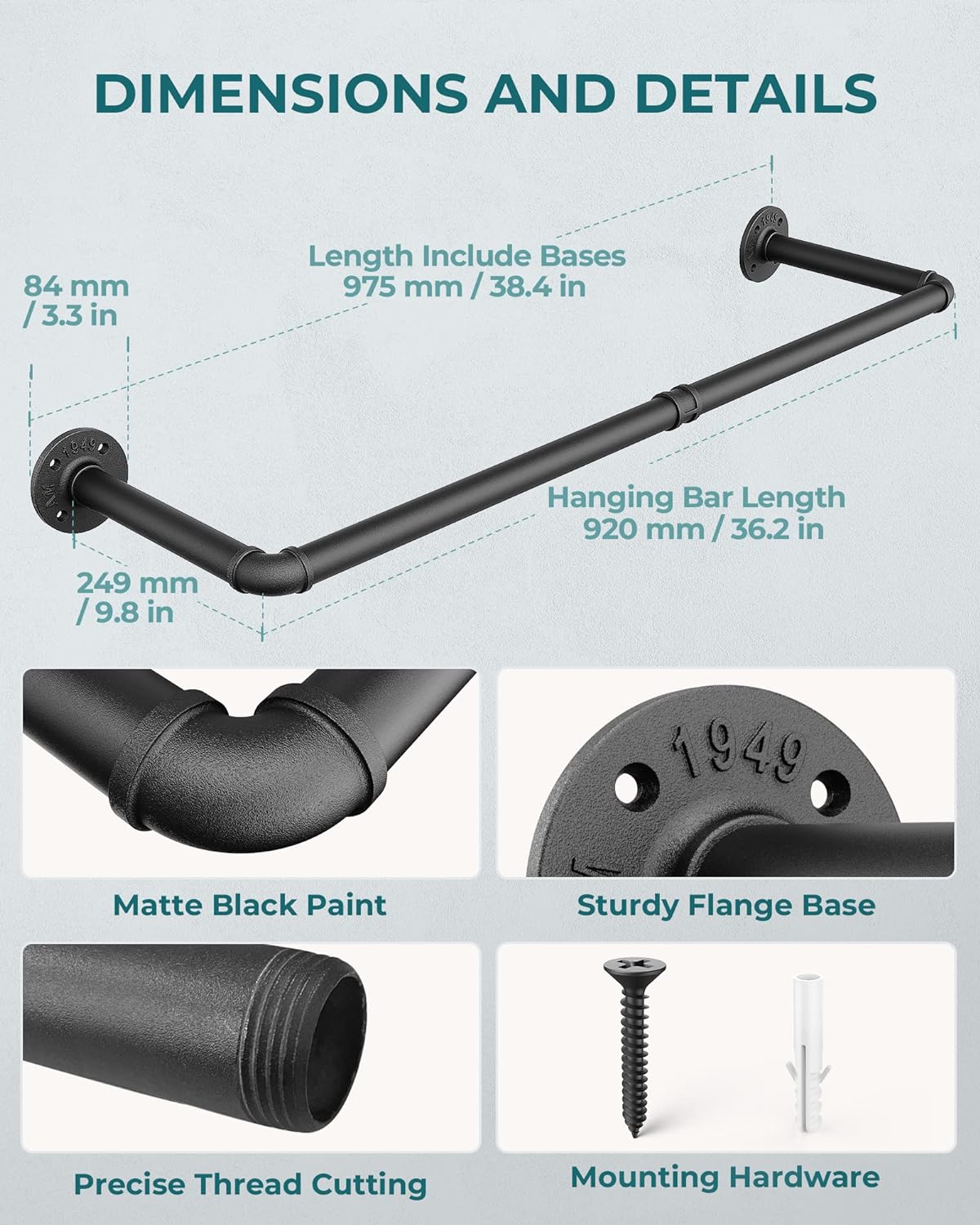 OROPY Industrial Pipe Clothes Rack Wall Mounted Set of 2, 38.4 inches Heavy Duty Iron Pipe Clothing Garment Rail, Multi-Purpose Clothing Hanging Rod for Laundry Room and Closet Storage