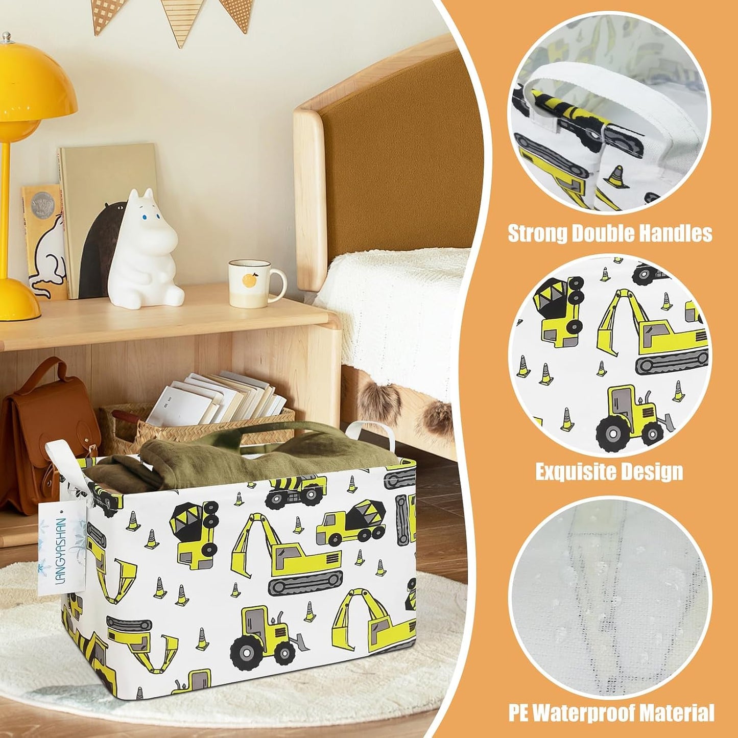 LANGYASHAN Rectangular Storage Bin Collapse Canvas Fabric Cartoon Storage Basket with Handles for Organizing Home Kitchen Boys and Girls Toys Office Closet Shelf Baskets (Rec Engineering Vehicle)